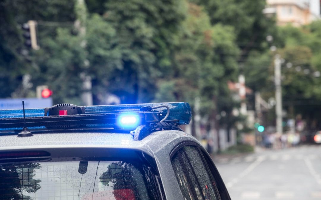 Close-up of a police car with blue lights flashing, parked on a city street lined with trees in the background.